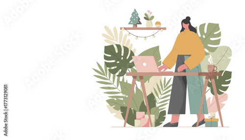 Professional woman working remotely on laptop in a cozy plantfilled home office