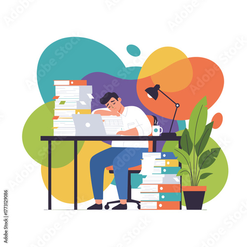 Stressed office worker overwhelmed by excessive workload sleeping on documents at the desk