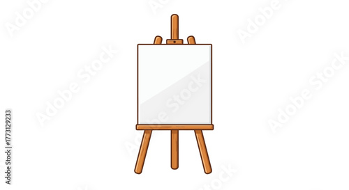 A simple wooden easel with a blank white canvas is displayed