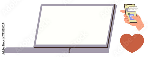 Blank laptop screen, hand holding smartphone showing text messages, and heart icon. Ideal for technology, communication, remote work, social connection, digital relationships, messaging apps simple