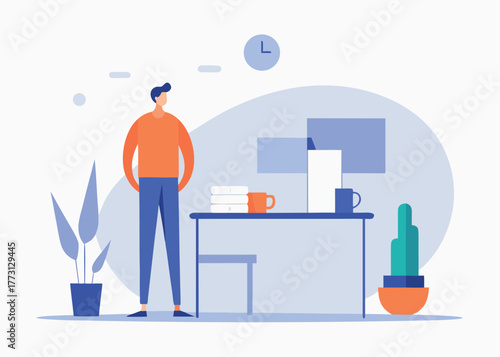 Man standing in office with desk, plant, and clock modern workspace scene