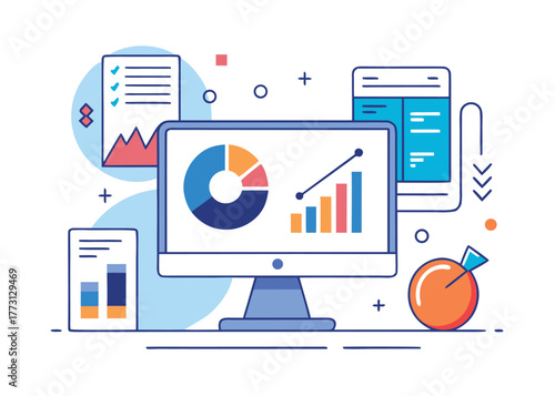 Data analysis on computer screen business analytics and reporting concept