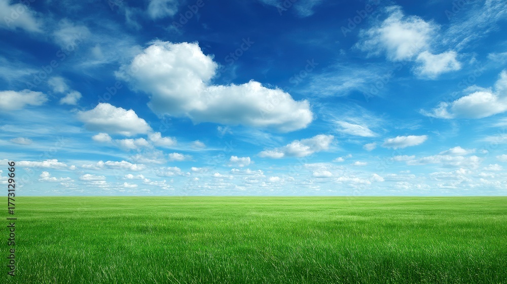Obraz premium Vibrant Green Grass Under a Bright Blue Sky with Fluffy Clouds and Expansive Horizon in a Serene Outdoor Landscape
