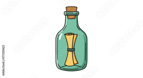 A message in a bottle with a cork and scroll illustration