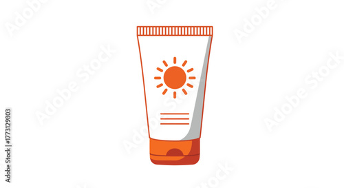 Cartoon illustration of a tube of orange sunscreen with a sun design