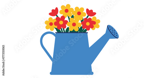 A colorful bouquet of flowers in a blue watering can illustration