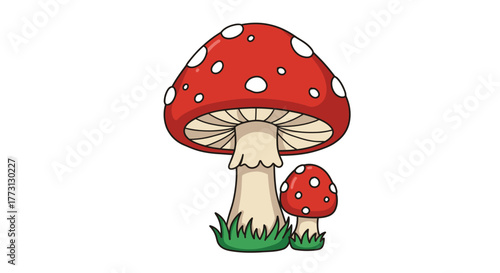 A charming illustration of a red and white spotted toadstool with grass