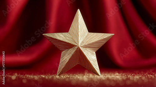 A golden five-pointed star stands against a red backdrop