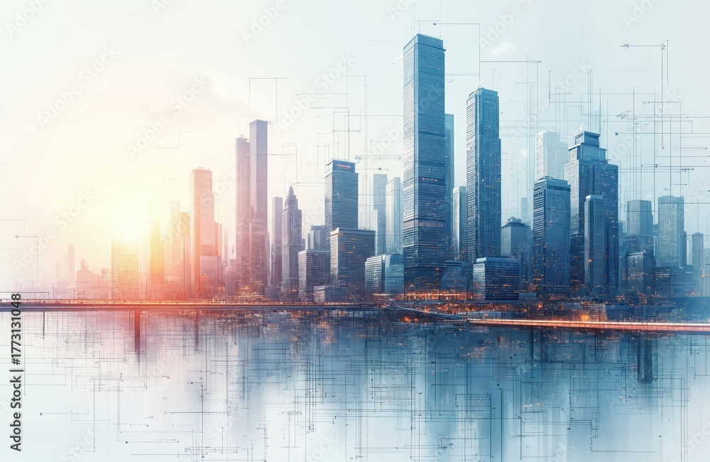 Obraz premium Modern city skyline with skyscrapers, highrise buildings, urban infrastructure. Detailed drawing of metropolis with grid lines, architecture design. Cityscape with river, bridge, modern buildings at