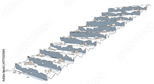 Icy outdoor stairs with scattered rock salt crystals during winter  