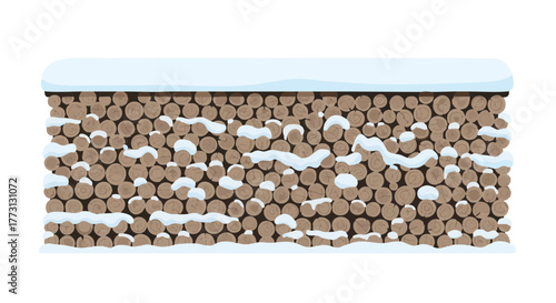 Neatly stacked woodpile covered with snow for winter aesthetics  