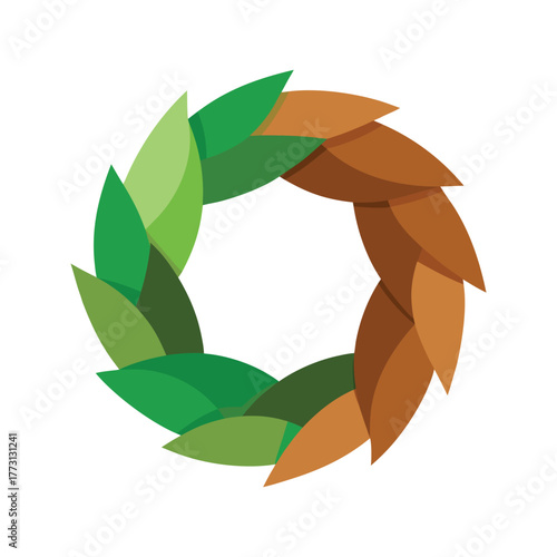 A circular wreath composed of vibrant green and brown leaves