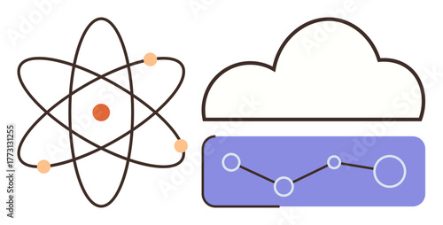 Atomic nucleus with orbiting electrons paired with cloud and analytics line graph. Ideal for tech, science, education, innovation, data visualization, cloud computing, digital transformation. Simple