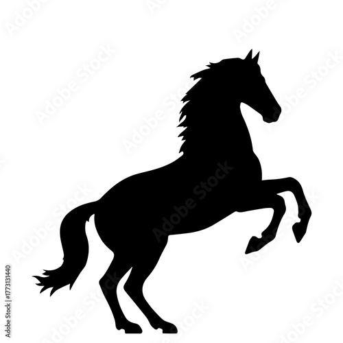 Horse silhouette, side view. Isolated black flat element of rearing, jumping, trotting, horse on white background. Vector icon, logo, illustration.