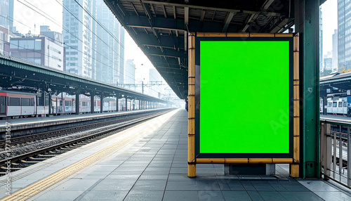 Fototapeta Naklejka Na Ścianę i Meble -  Blank green screen billboard at urban train station platform. Advertising mockup with copy space for chroma key compositing in city environment.