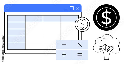 Spreadsheet with data grid, dollar coin icon, calculator, tree graphic. Ideal for finance, budgeting, accounting, eco-friendliness sustainability data analytics. Simple flat metaphor