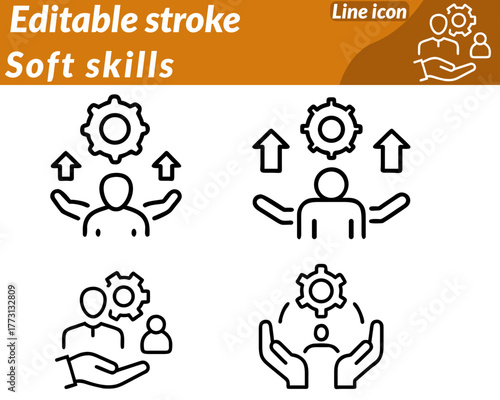 Soft Skills set line Icon. Representing understanding and cooperation. Gentle gradients of blue orange and green convey trust and growth. Optional elements include a lightbulb for creativity a heart.