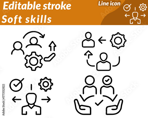 Soft Skills set line Icon. Representing understanding and cooperation. Gentle gradients of blue orange and green convey trust and growth. Optional elements include a lightbulb for creativity a heart.