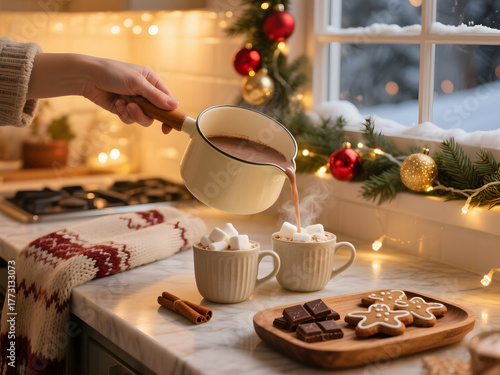 Pouring steaming hot chocolate into mugs with marshmallows surrounded by gingerbread cookies, chocolate, and Christmas lights