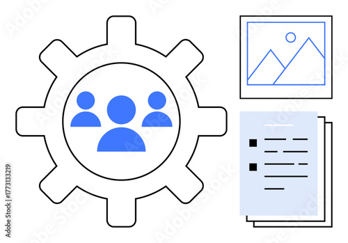 Three user icons inside a gear, representing teamwork and collaboration. Adjacent elements include a stack of documents and an image frame, symbolizing productivity, management, and organization