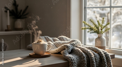 Cozy Winter Morning with Steaming Mug and Knitted Blanket by Snowy Window
