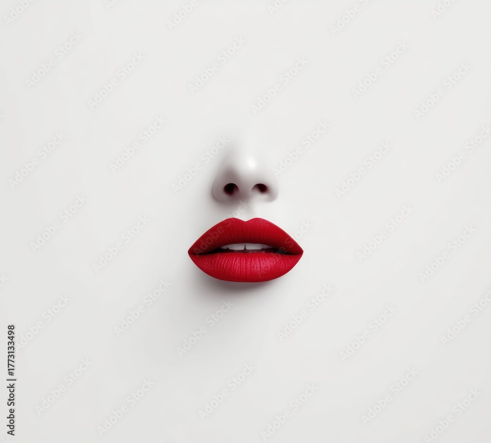 Fototapeta premium A striking portrait of a woman with bold red lips, set against a clean, white backdrop.