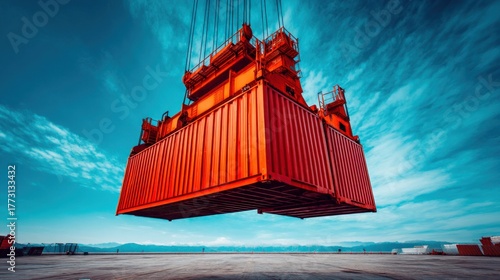 A red shipping container is lifted by a large crane against a blue sky during the day.