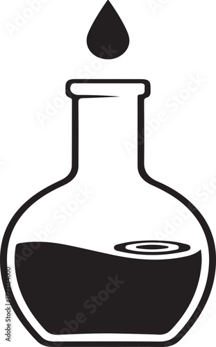 Black and white icon of a laboratory flask with a drop falling science chemistry