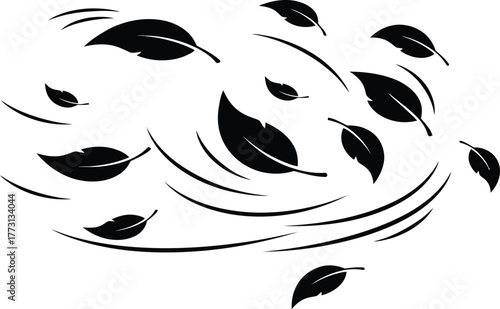 Black and white illustration of leaves blowing in the wind autumn fall