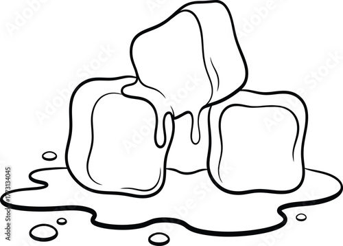 Black and White Line Drawing of Melting Ice Cubes with Water Puddles liquid cold