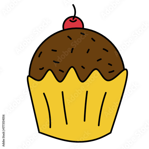 Chocolate Cupcake Vector Illustration – Sweet Dessert Muffin with Cherry and Frosting Topping