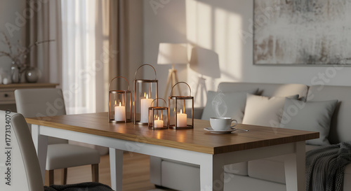 Cozy Evening Ambiance with Candles in Lanterns and Steaming Mug on Dining Table