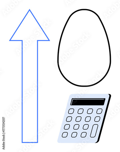 Upward arrow, egg shape, and calculator represent growth, savings, and financial planning. Ideal for investment, business, strategy, economics success career simple flat metaphor