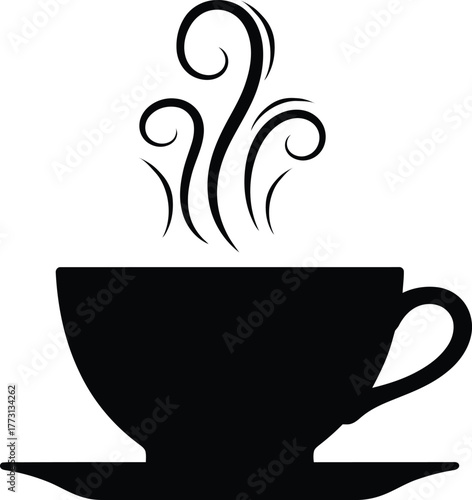 Black Silhouette of a Steaming Coffee Cup and Saucer Keywords: coffee, cup, mug, saucer, hot, drink