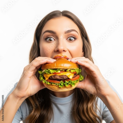 A young woman eats a hamburger with gusto on a white background
