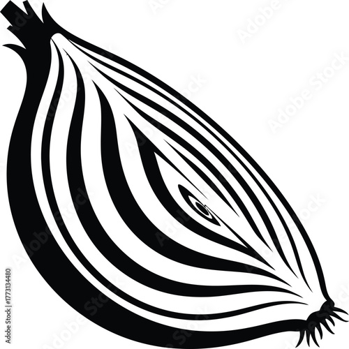 Stylized black and white cross-section of an onion on white slice food