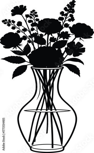Silhouette of a bouquet of flowers in a glass vase on white vector illustration