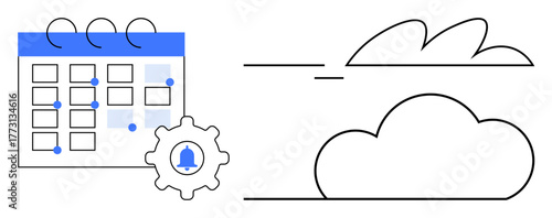 Calendar with date marks, gear symbol, cloud illustration. Ideal for scheduling, reminders, productivity, event planning, workflow optimization data synchronization cloud storage. Simple flat