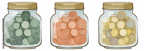 Tre barattoli di vetro pieni di monete colorate rappresentano risparmi e investimenti diversi.