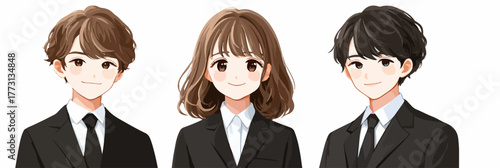 Tre giovani professionisti sorridono con fiducia, vestiti in abiti eleganti per un look professionale.