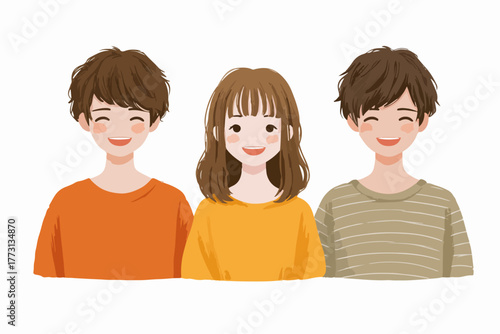 Tre giovani sorridenti con espressioni felici, un ritratto di amicizia e positività giovanile.