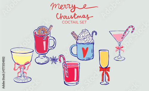 Set of hand-drawn whimsical illustrations of cocktails, mulled wine, hot chocolate, Christmas cocktails in ink doodle style. Hand-drawn collection of drinks.