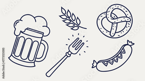 Oktoberfest beer pretzel sausage wheat fork celebration food and drink vector illustration design