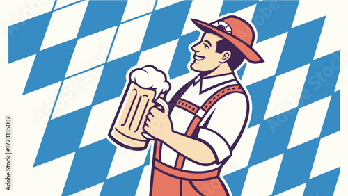 Oktoberfest celebration bavarian man holding beer stein with traditional diamond background design vector