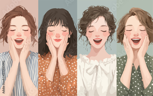 Quattro ritratti di donne con espressioni di gioia e sorpresa, mani sulle guance.