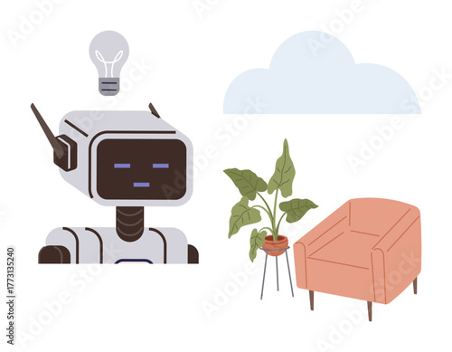 Robot with idea light bulb, armchair, plant on stand, cloud backdrop. Ideal for AI, innovation, home decor, modern environment technology creativity futuristic ideas. Simple flat metaphor