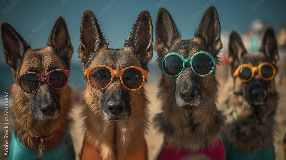 Fototapeta premium German Shepherd dogs wearing colorful sunglasses at the beach. They pose for a sunny beach photo.
