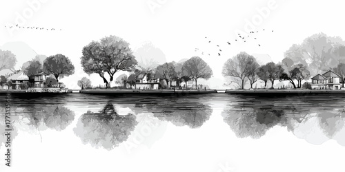 Paesaggio sereno con alberi e case riflessi sull'acqua in stile acquerello