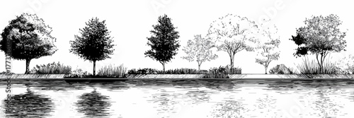 Un paesaggio naturale con alberi stilizzati e riflessi sull'acqua