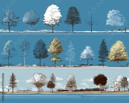 Illustrazione vettoriale di diverse varietà di alberi stilizzati in un paesaggio naturale.